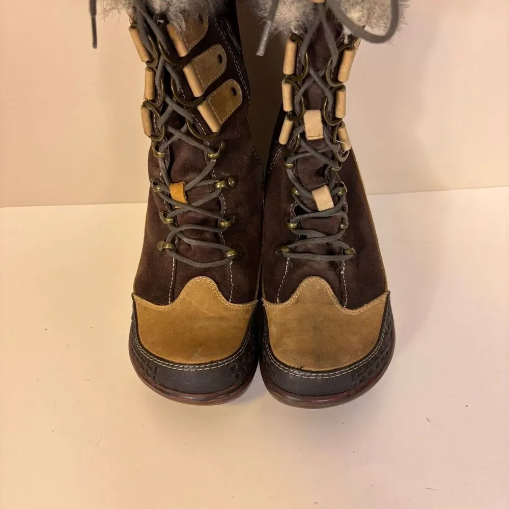 Jambu Brown and Tan Suede Lace Up Fur Top Heeled Tall Boots‎ 6